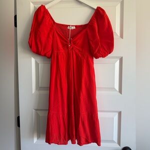 In Loom Red Puff Sleeve Babydoll Dress | Medium | Cottagecore